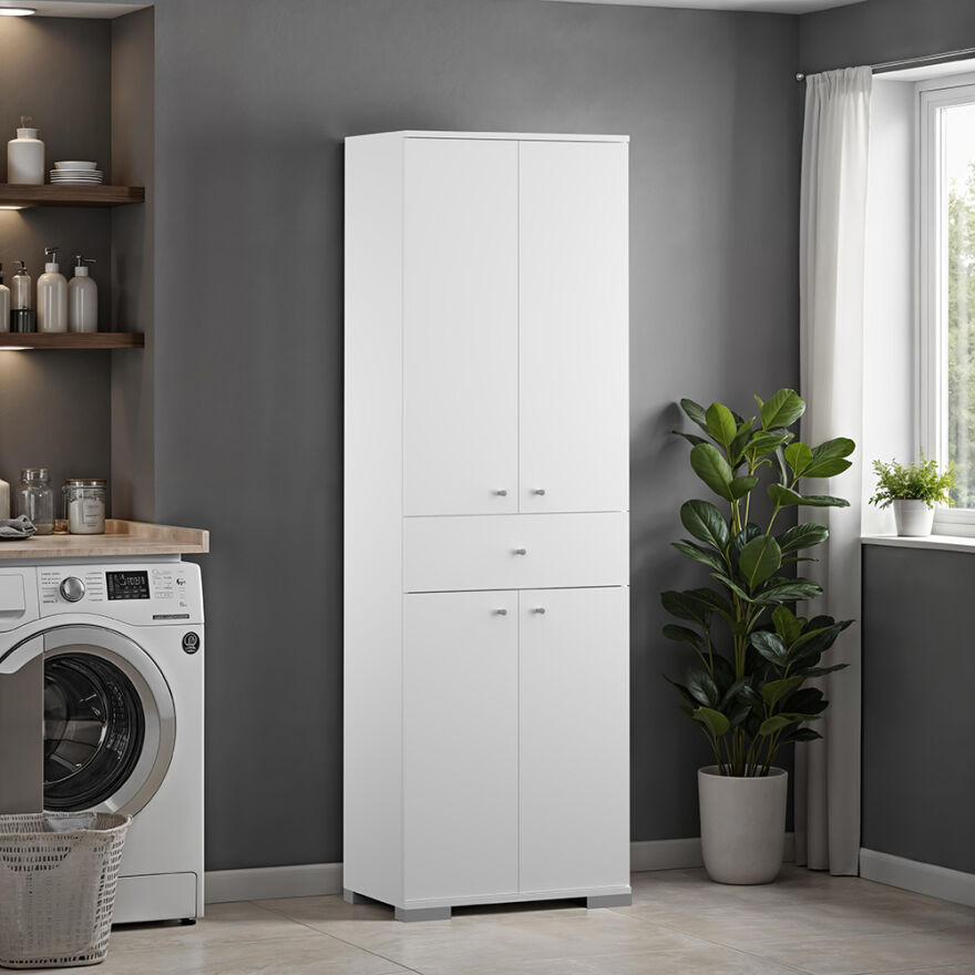 Diamond 4 Kapaklı Tek Çekmeceli Dolap-Parlak Lake Beyaz 60x187x38 cm