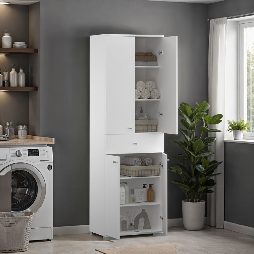 Diamond 4 Kapaklı Tek Çekmeceli Dolap-Parlak Lake Beyaz 60x187x38 cm