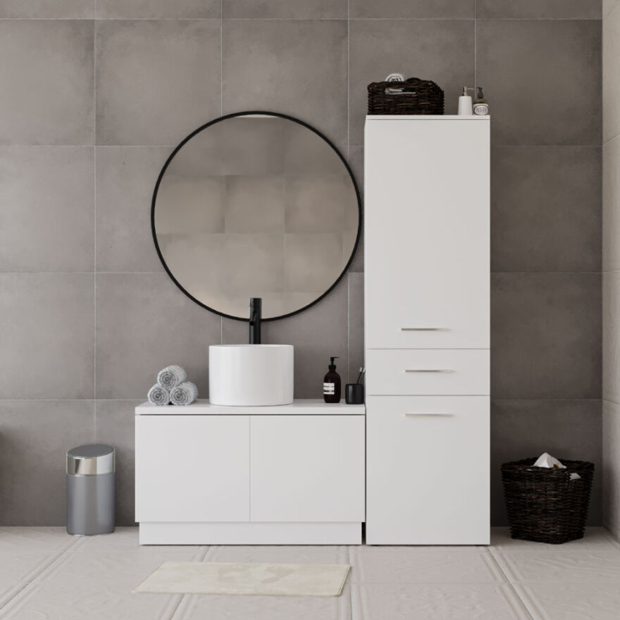 Diamond Çamaşır Sepetli Kapaklı ve Çekmeceli Çok Amaçlı Dolap - Parlak Lake Beyaz 52x187x38 cm