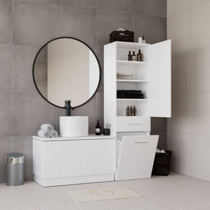 Diamond Çamaşır Sepetli Kapaklı ve Çekmeceli Çok Amaçlı Dolap - Parlak Lake Beyaz 52x187x38 cm